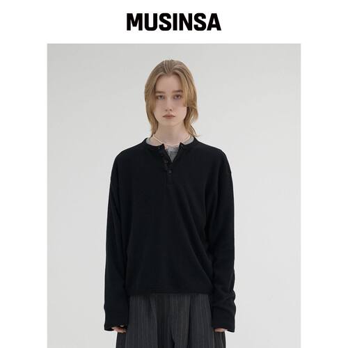 NOUN 黑色Pique Henley T恤韩国官网直邮进口