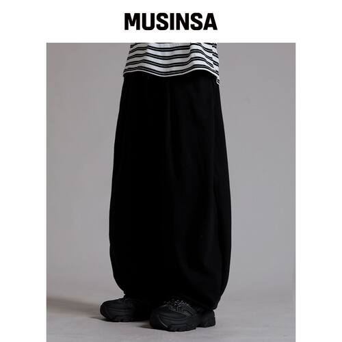 LIKE THE MOST 训练褶皱宽松阔腿裤_黑色 MUSINS韩国官网直邮进口