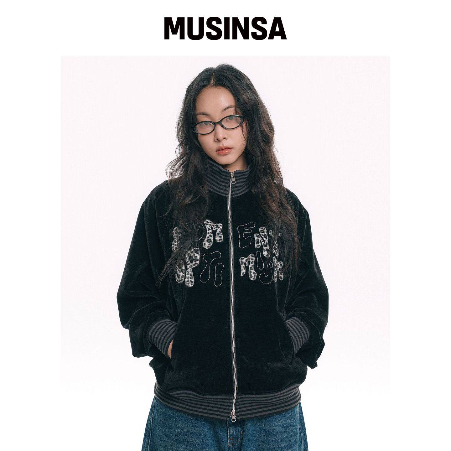 MOO 豹纹贴布天鹅绒运动外套 - 黑色 MUSINSA韩国官网直邮进口
