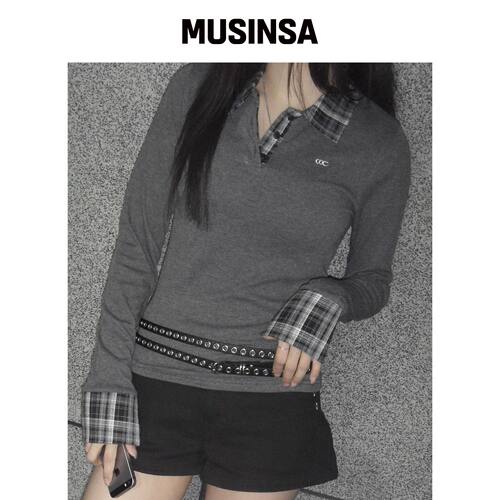 CHICKS 格纹细领长袖衫 深灰色 MUSINSA韩国直邮官方正品
