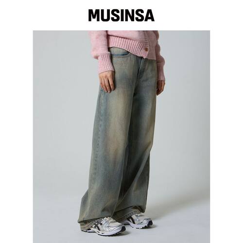 UNKNOWN PLANET 油洗宽松牛仔裤 粉蓝 MUSINSA韩国直邮官方正品