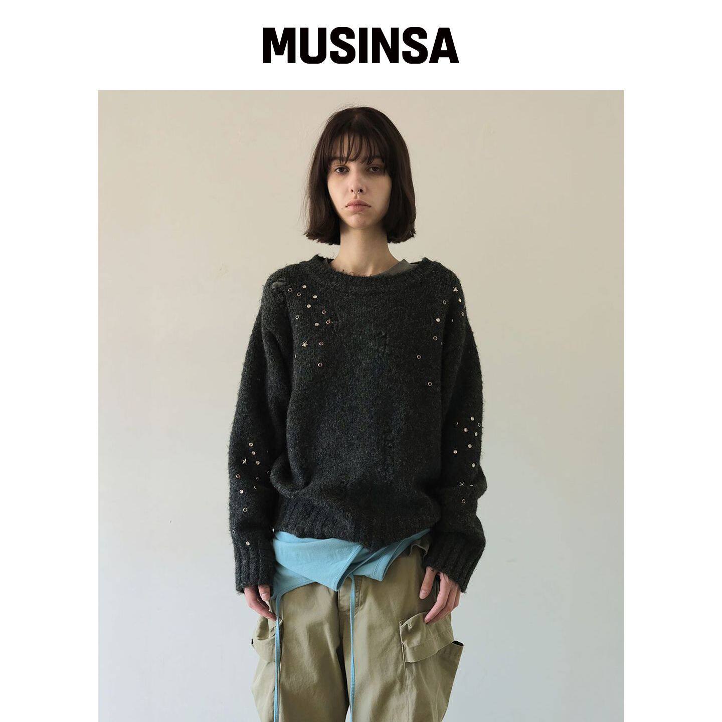WKND PROJECT 铆钉破洞针织衫(炭灰色) MUSINS韩国官网直邮进口