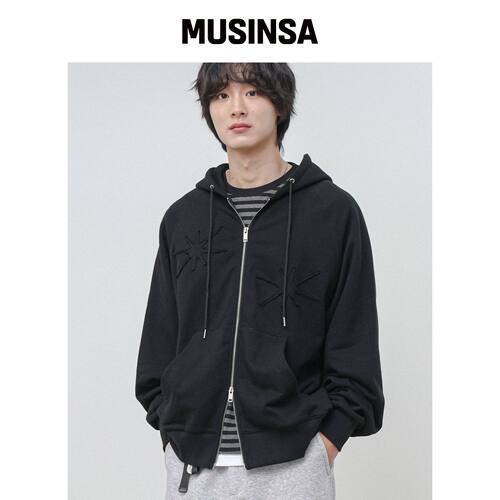 MODERMENT 贴布水洗宽松连帽外套 [黑色] MUSINS韩国官网直邮进口