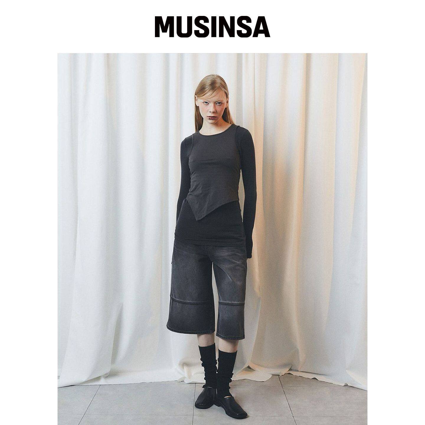 HALF DEVIL US 开衩黑色牛仔短裤 MUSINSA韩国官网直邮进口
