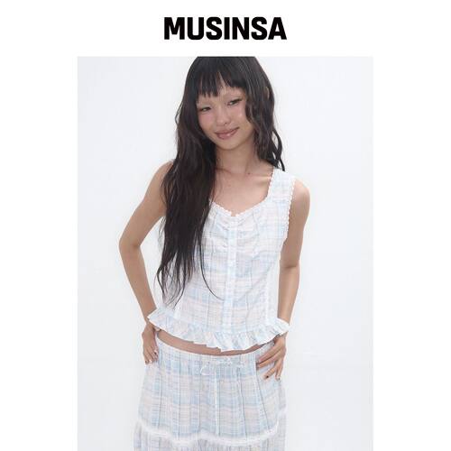EXPIRED GIRL 格纹蕾丝衬衫 浅蓝色 MUSINSA韩国官网直邮进口