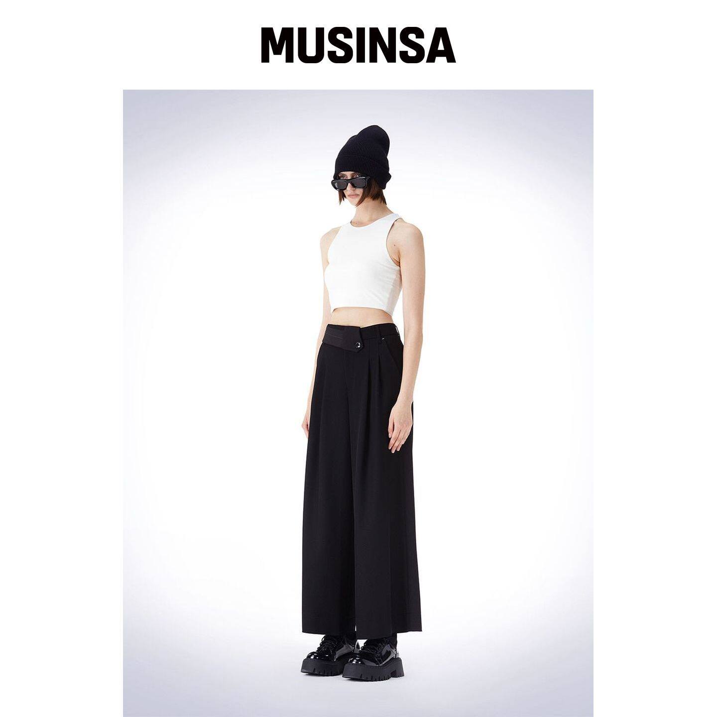 HAUS072C 腰部双褶宽腿裤 黑色 MUSINSA韩国官网直邮进口