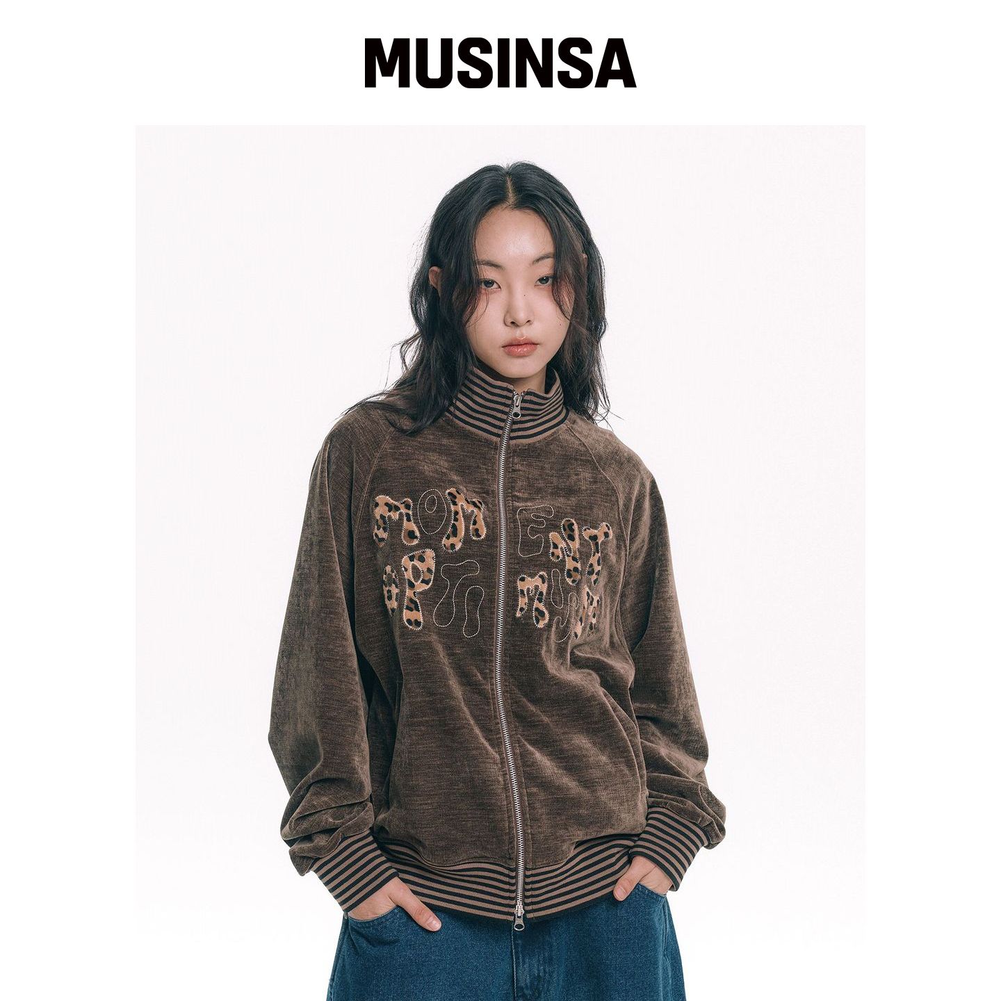 MOO 豹纹贴布天鹅绒运动外套 - 棕色 MUSINSA韩国官网直邮进口
