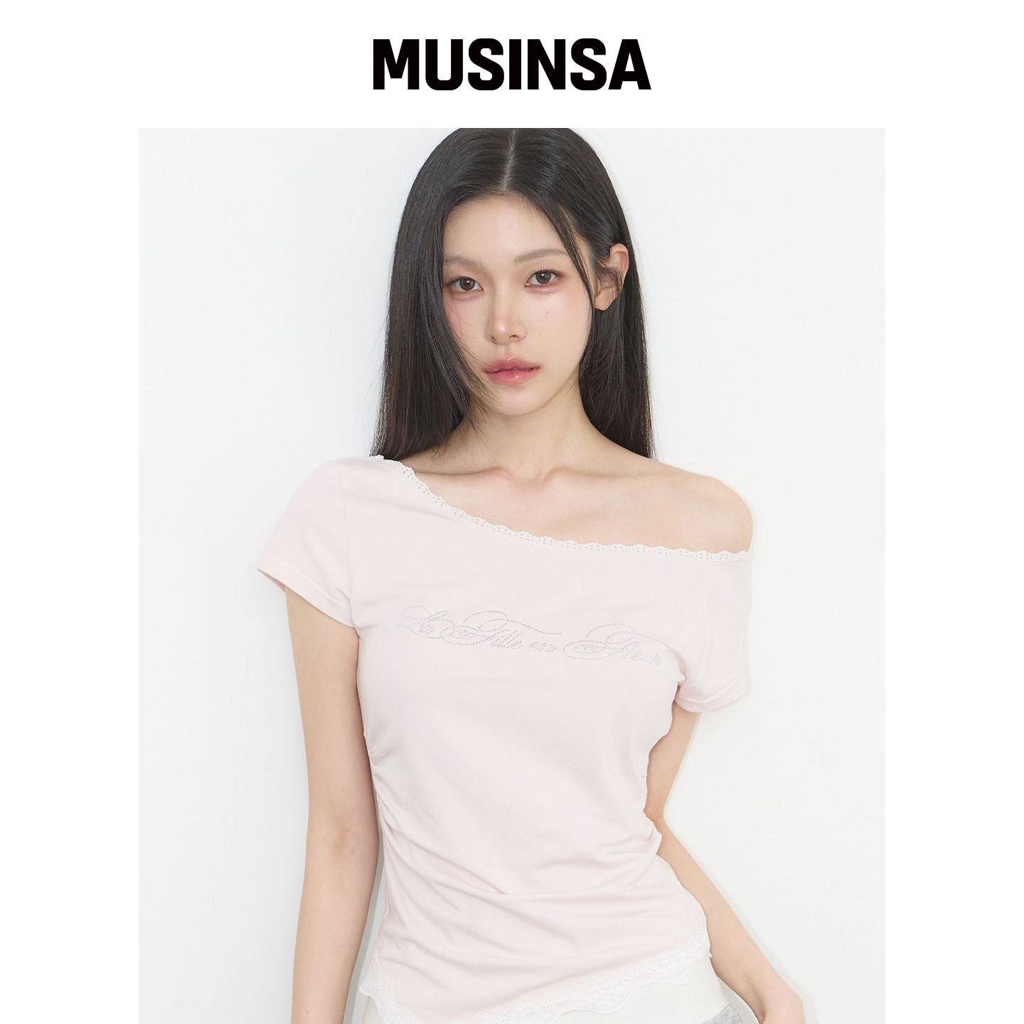 ILLIGO 蕾丝披肩一字肩褶皱上衣 PINK MUSINSA韩国官网直邮进口