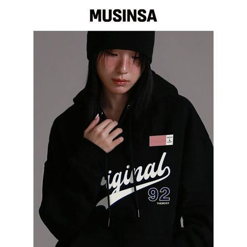 LIKE THE MOST MUSINSA 92 宽松版连帽卫衣_黑色韩国官网直邮进口