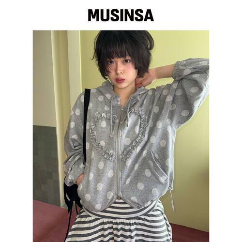 FUNFROMFUN 荷叶边心形连帽卫衣，点点灰 MUSINS韩国官网直邮进口