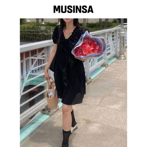 SSEMI THREE RIBBON DRESS(BK)韩国官网直邮进口MUSINSA