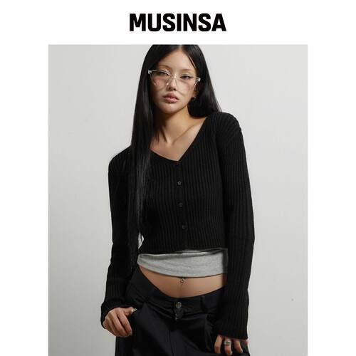 CHICKS 梅V开衫 黑色 MUSINSA韩国官网直邮进口