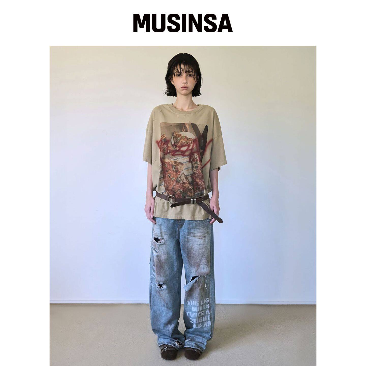 WKND PROJECT 磨毛披萨手绘T恤（卡其米色） MUS韩国官网直邮进口