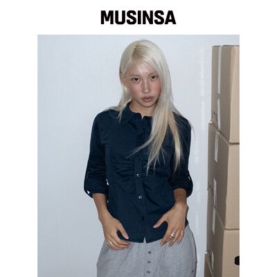 CHICKS 桃皮绒卷袖前襟抽褶修身衬衫藏青色 MUSI韩国官网直邮进口