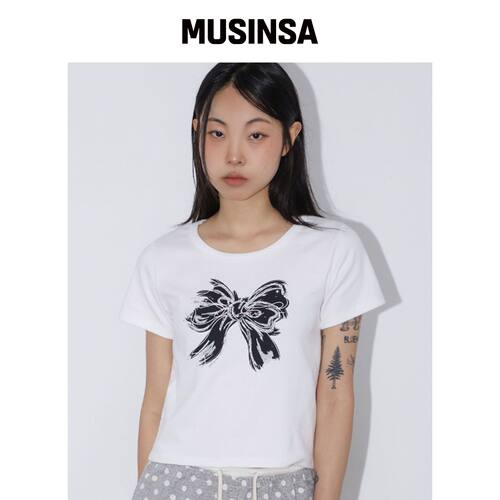 CHICKS BLACK RIBBON 白色短袖T恤 MUSINSA韩国官网直邮进口