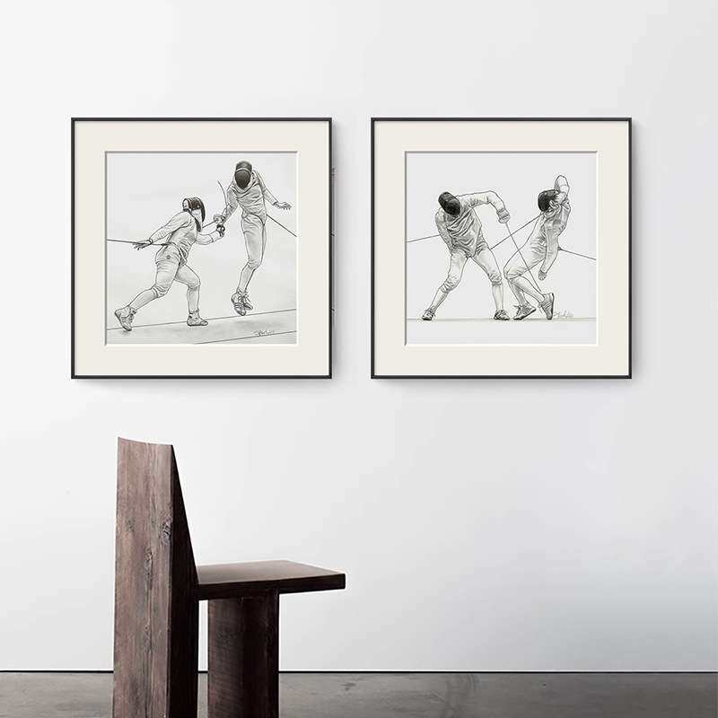 击剑运动现代黑白简笔画双联书房装饰画小众客厅挂画个性卡纸壁画