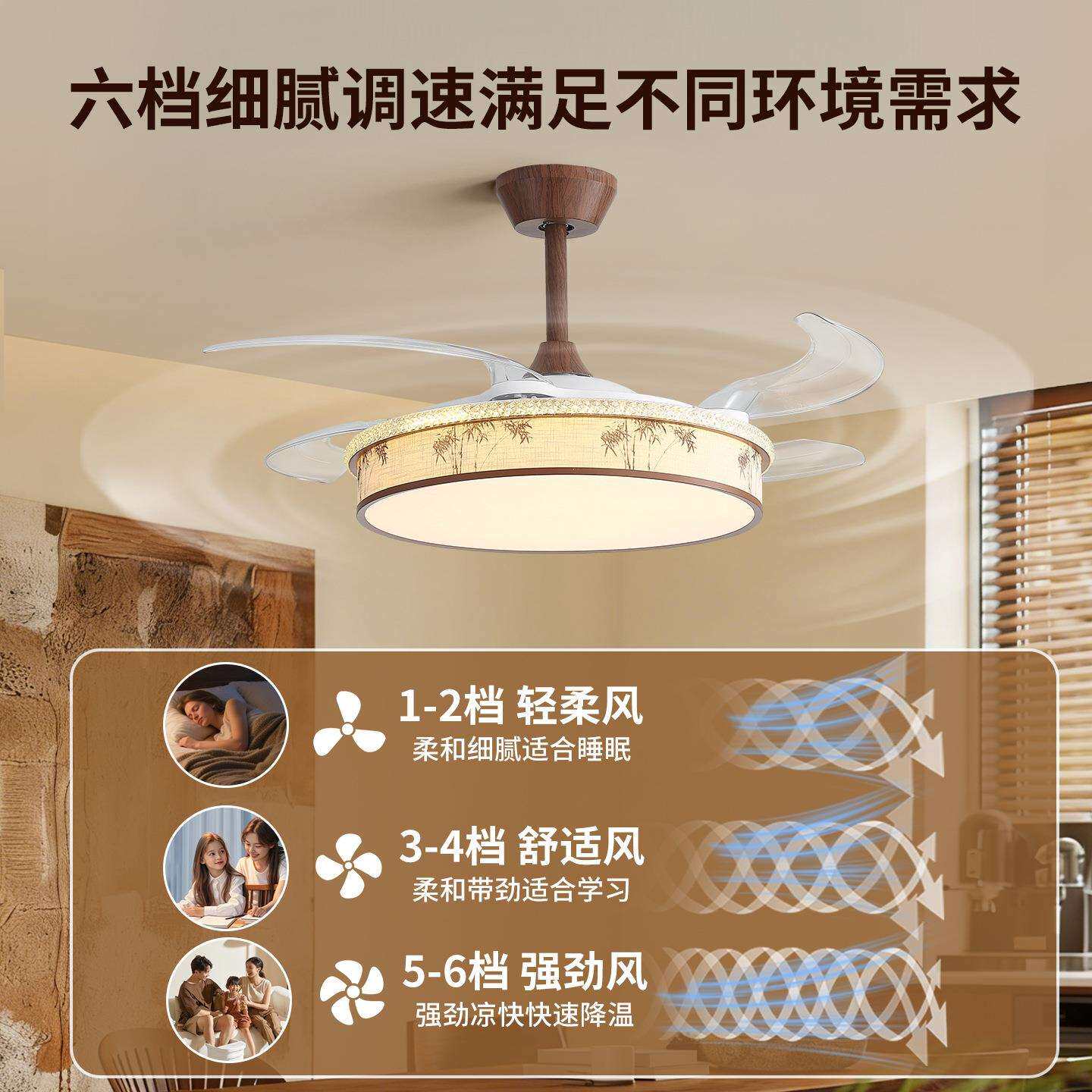 餐厅风扇灯中古风新中式宋代美学复古布艺印花大风力电风扇灯L263