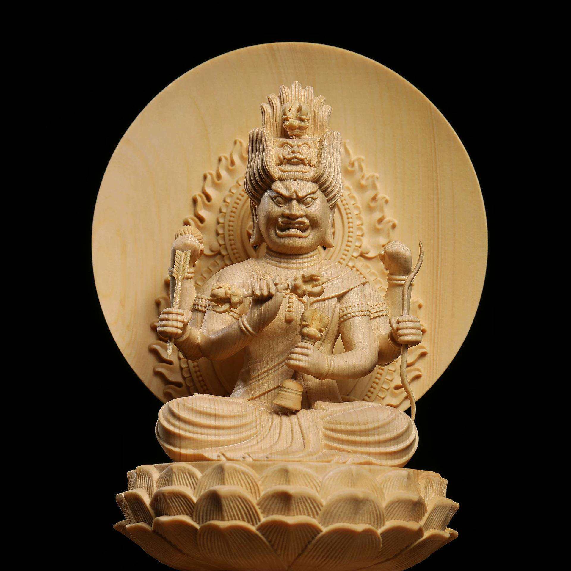 桧木精雕六臂爱染明王神像唐密真言东密如法金刚摆件家居装饰品