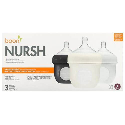 Boon,Nursh，硅胶袋瓶，0 个月以上，慢流量，3 瓶，每瓶 4 盎司1