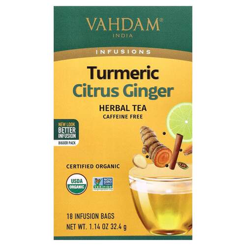 Vahdam Teas,Infusions，草本茶，姜黄柑橘姜，无咖啡萃取，18 液
