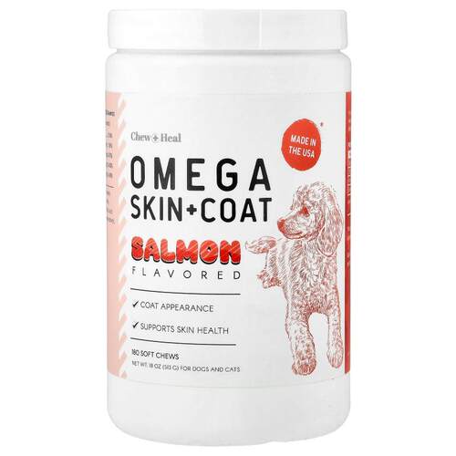 Chew + Heal,Omega 皮毛支持配方，猫狗专用，鲑鱼味，180 片咀嚼