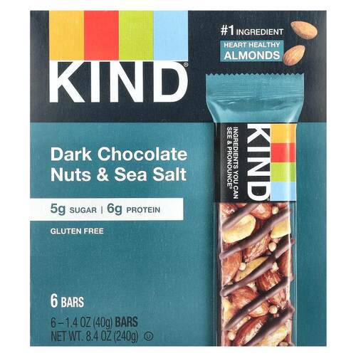 KIND Bars,蛋白棒，黑巧克力坚果和海盐，6 根，每根 1.4 盎司（4