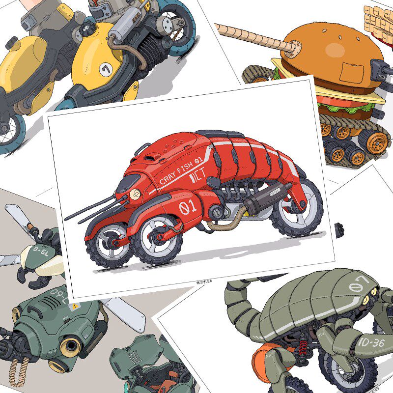 少儿美术科幻机甲交通机车武器概念仿生设计创意插画中小学临摹卡