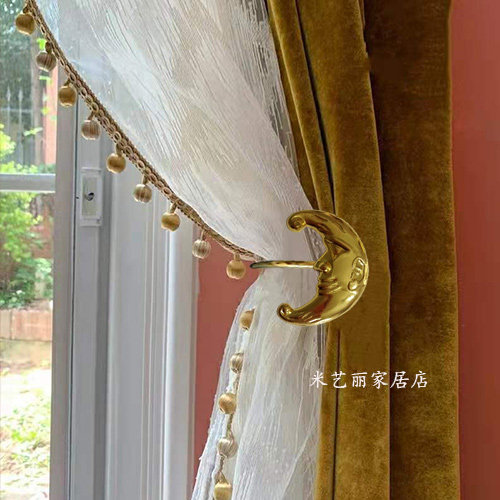 金色窗帘钩美式窗帘装饰黄铜色挂钩北欧轻奢墙钩挂球绑绳窗帘扣