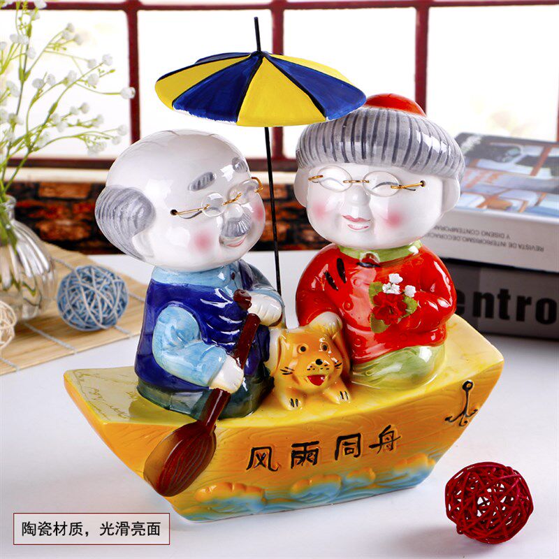 创意老头老太摆件风雨同舟公婆陶瓷存钱罐摆件生日礼物家居包邮