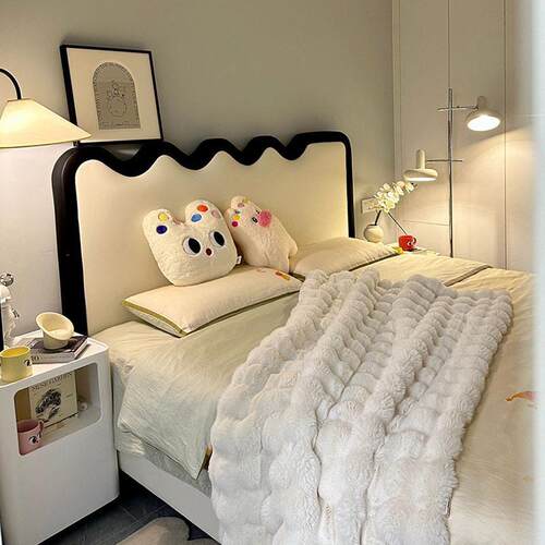 梨白涟漪床法式奶油风北欧主卧室婚床轻奢现简约黑白波浪布艺床