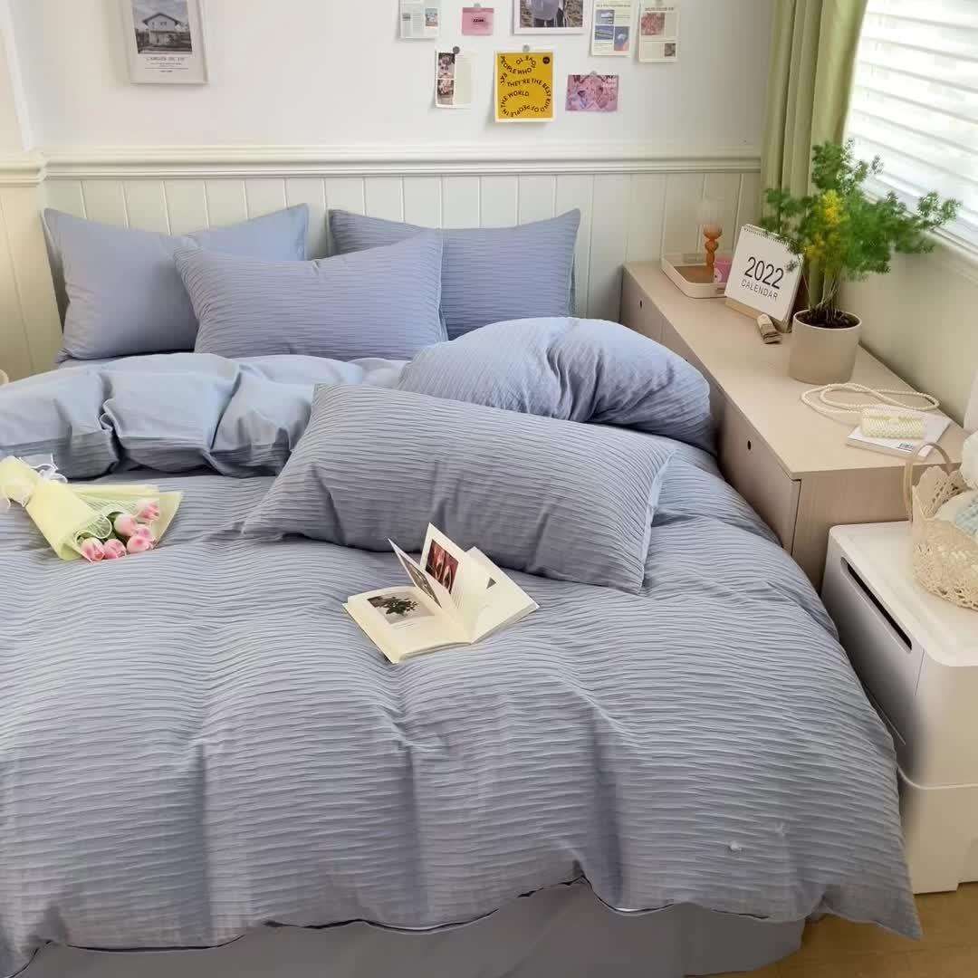 泡泡纱纯色四件套韩版全棉少女公主风床上用品床单被套纯棉4件套