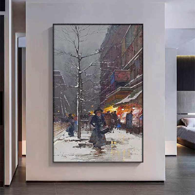 城市建筑街道夜景玄关装饰画艺术北欧挂画风景油画竖餐厅走廊壁画