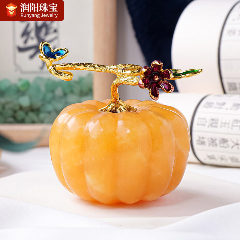 天然水晶金冻石南瓜摆件 原石雕刻水晶工艺品 家居桌面装饰摆件