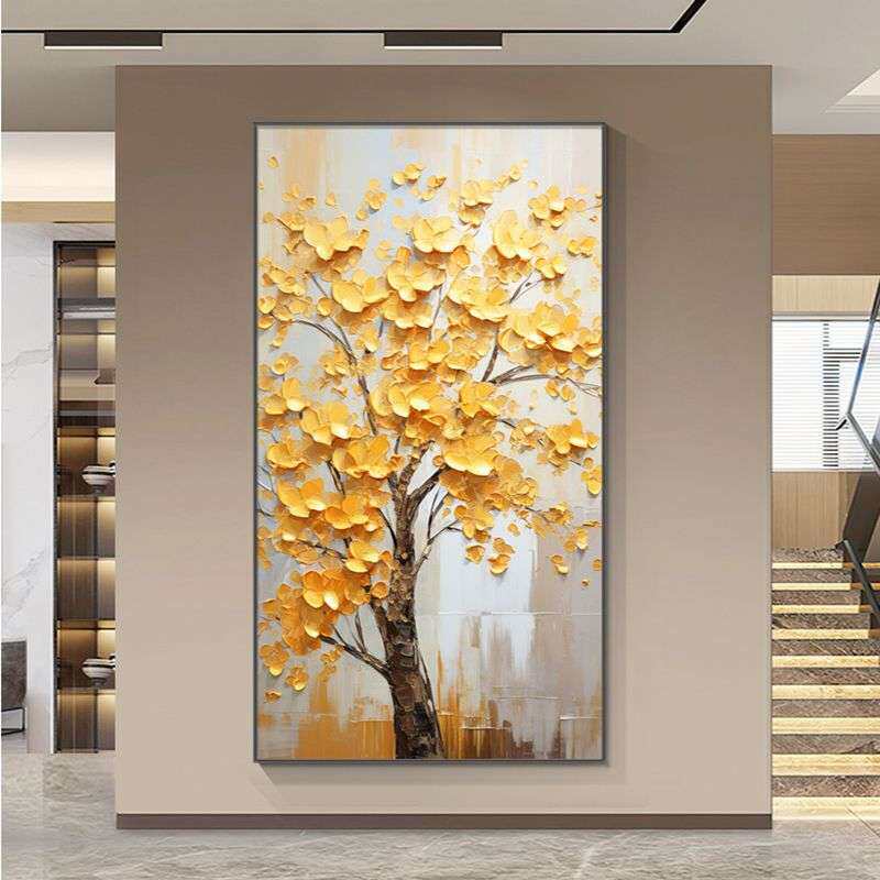 发财树装饰画新中式招财入户挂画玄关走廊油画过道进门正对门
