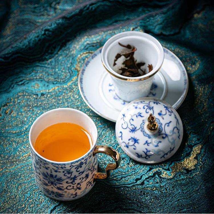 德鼎国潮青花缠枝莲鎏银办公杯杯碟套装茶水分离马克杯高档商务礼