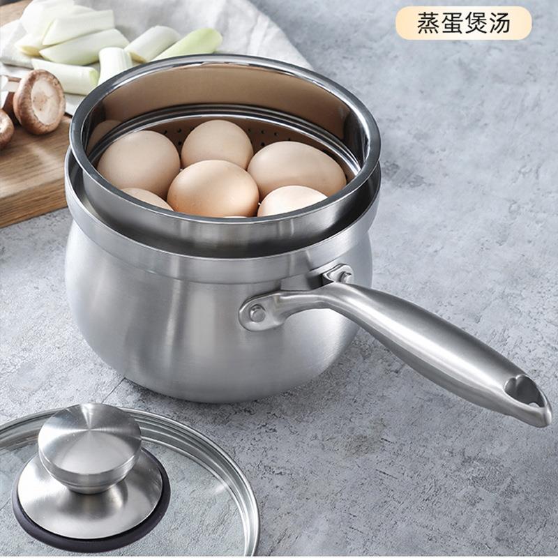 不锈钢304单柄奶锅家用煮牛奶锅迷你电磁炉汤锅加厚三层钢蒸奶锅