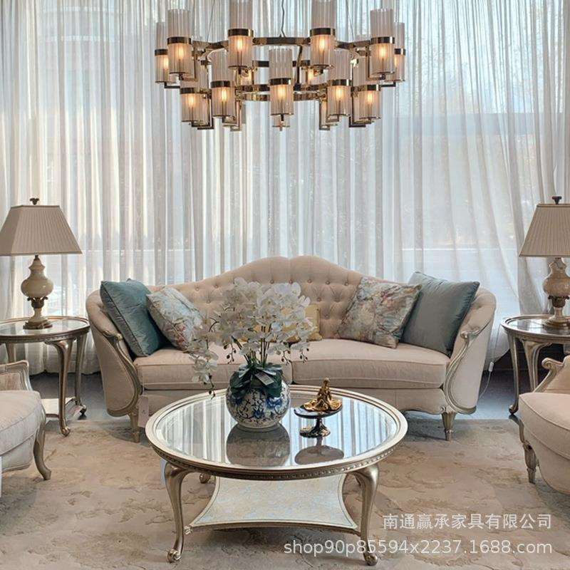 美式轻奢布艺三人沙发组合欧式实木雕刻沙发法式别墅样板房客厅