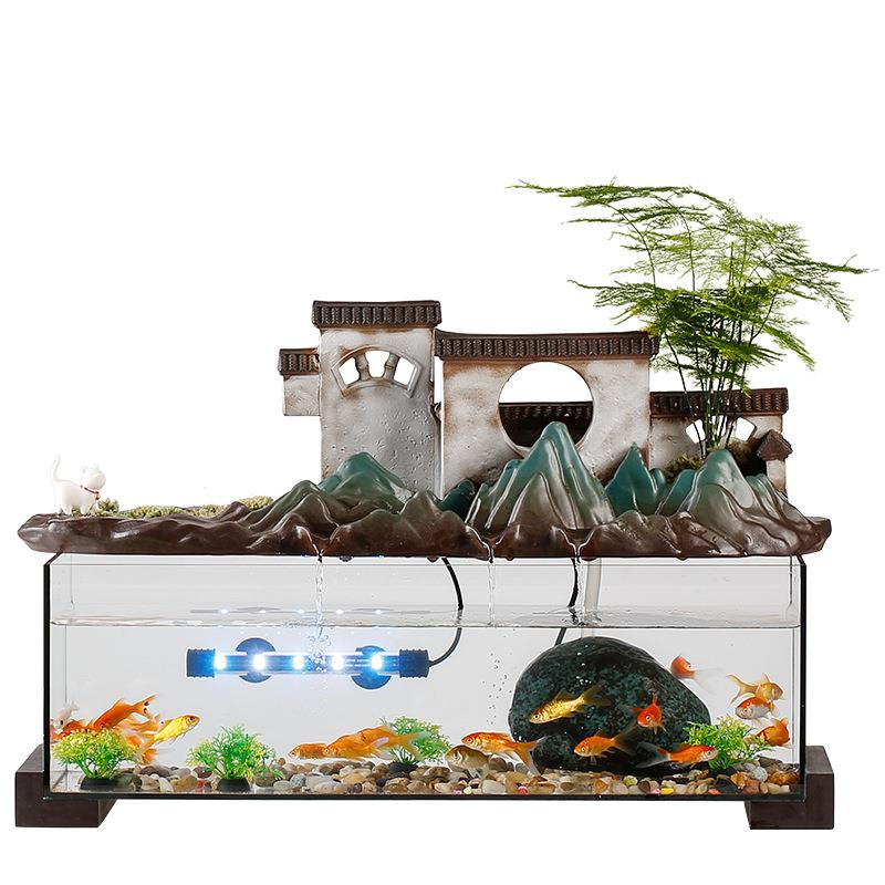 创意假山流水摆件喷泉大号玻璃鱼缸水族灯循环水家居客厅玄关装饰