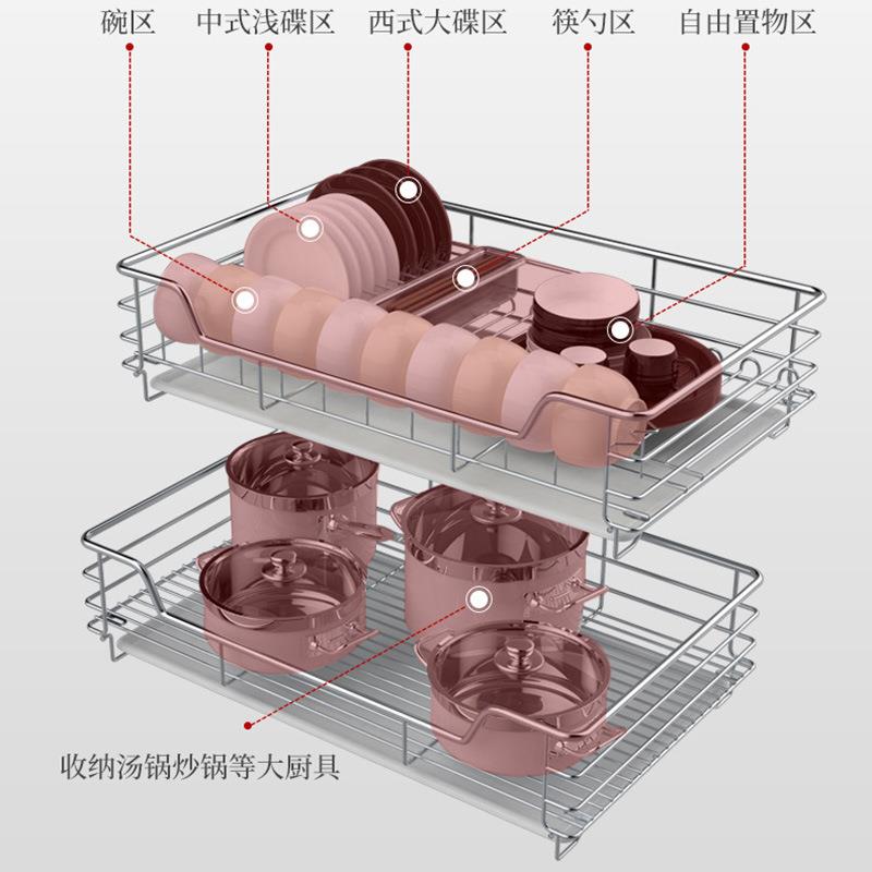 不锈钢橱柜拉篮碗碟篮双层抽屉式钢丝四边篮家用橱柜沥水锅具平篮