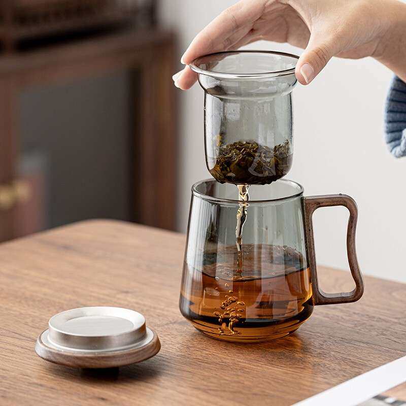 金镶玉 玻璃茶杯 高硼硅耐高温木把玻璃杯马克杯 墨色玻璃办公杯