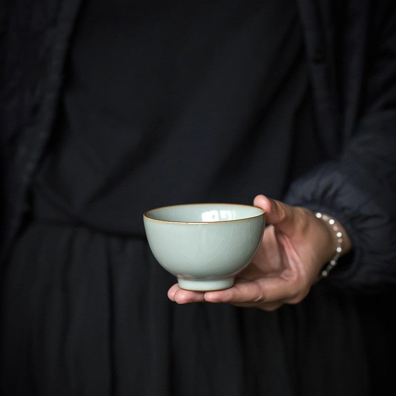 汝瓷圆满杯陶瓷主人杯豆青釉汝窑茶杯开片可养手工品茗杯家用单杯