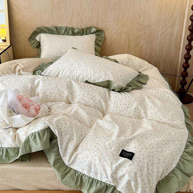 法式复古小碎花A类全棉四件套田园风荷叶边被套少女心床上用品1.8