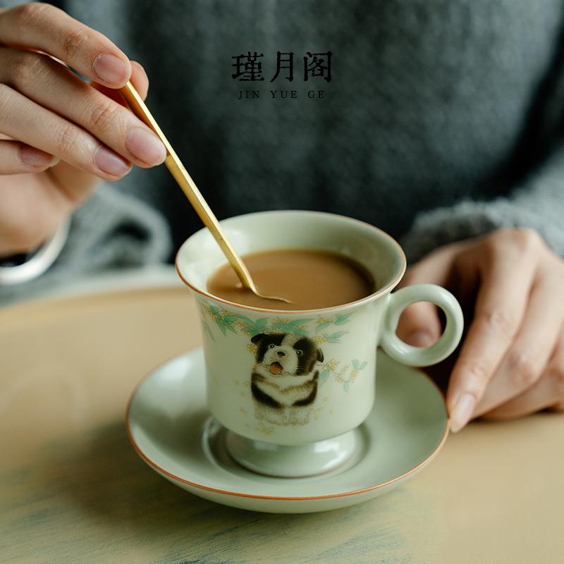 秘黄釉汝窑萌犬复古咖啡杯办公陶瓷杯家用拿铁花茶小众茶杯带底托