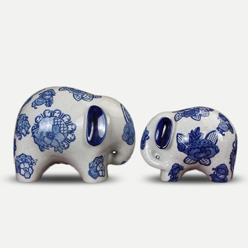 景德镇陶瓷青花雕塑动物福字喜字大象小象摆设品一对家居玄关摆件