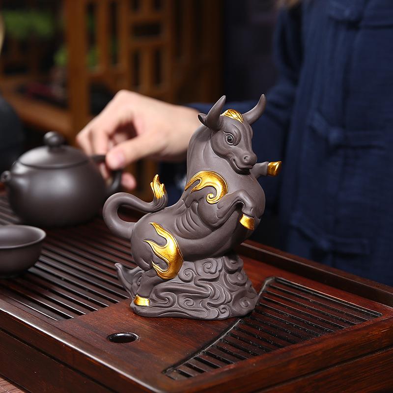 茶宠摆件紫砂牛茶宠茶具配件摆件紫砂可养茶玩茶台陶瓷茶道配件