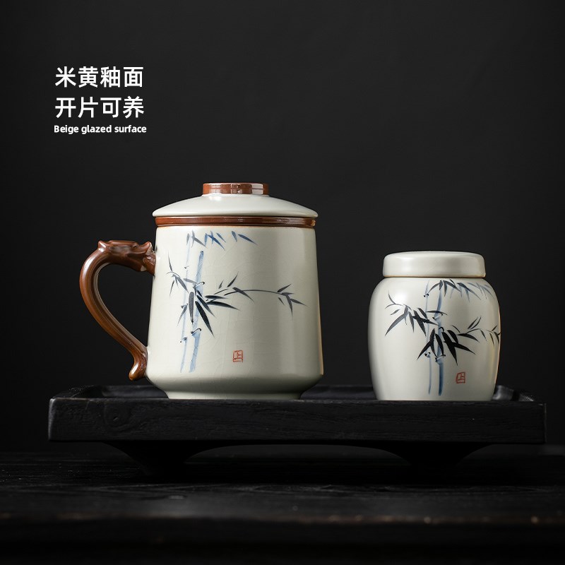 德化产手工汝瓷杯中式复古茶具礼盒 手绘大容量办公杯带盖过滤茶