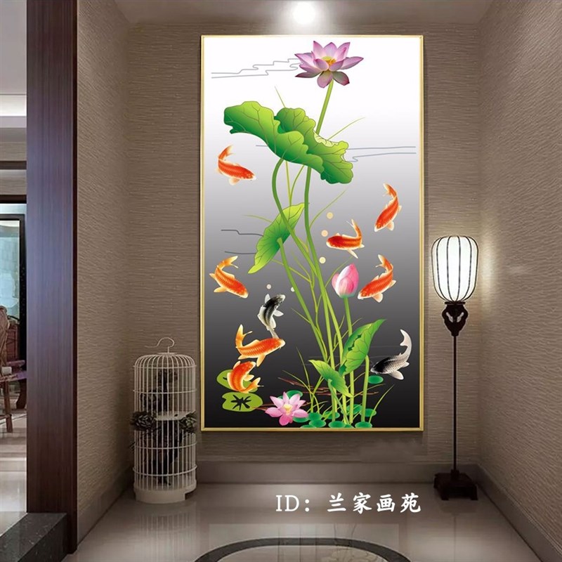 荷花轻奢水墨山水晶瓷画中式九鱼图莲年有余走道玄关墙锦鲤装网红