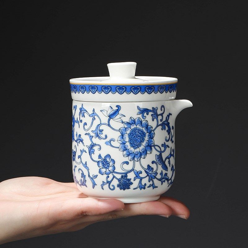 青花玲珑羊脂玉瓷旅行茶具套装户外露营便携快客杯缠枝莲一壶四杯