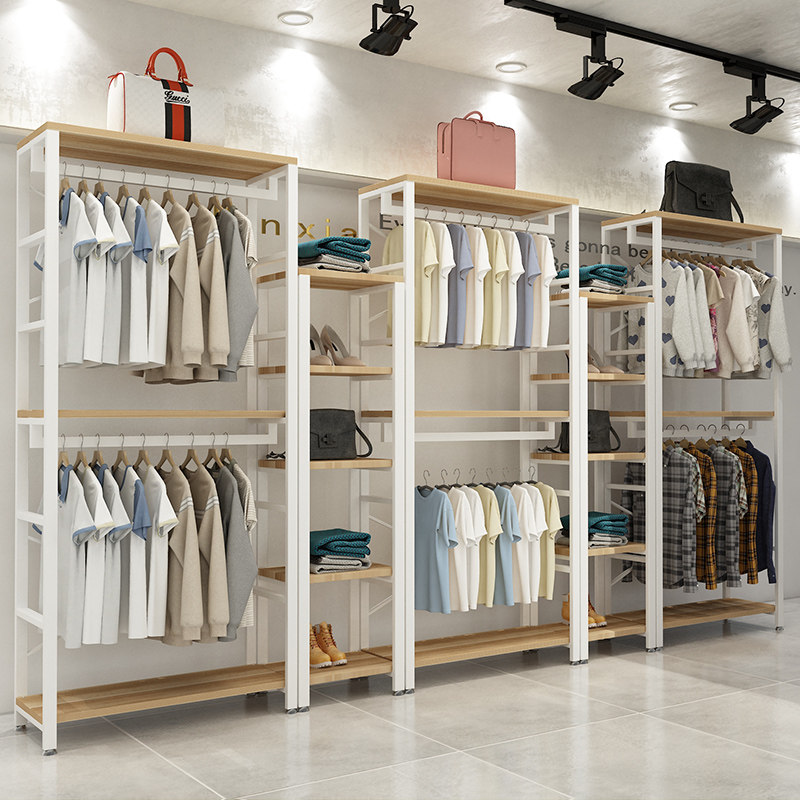 双层挂衣架男女服装店落地式简约西装展示架货架童装收纳实木架子