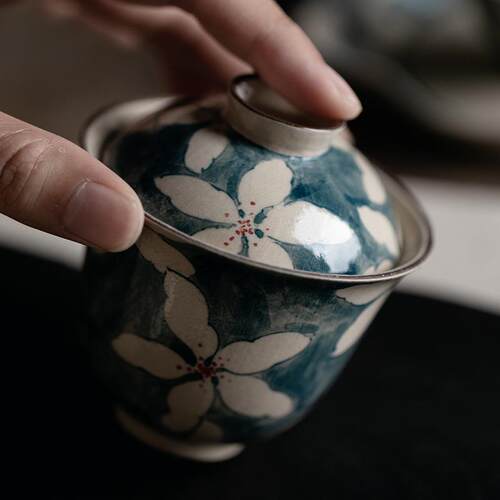 梵汝日式景德镇纯手绘五瓣叶茶具暮春二才盖碗薄胎不烫手泡茶碗